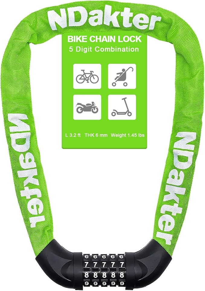 NDakter Bike Lock, 5 Digit Combination Heavy Duty Anti Theft Bicycle Chain Lock, 2.62/3.2/4.27/5/6Ft Long, High Security Resettable, Suitable for Bike, Scooter, Door, Gate, Fence-4/6mm Thick