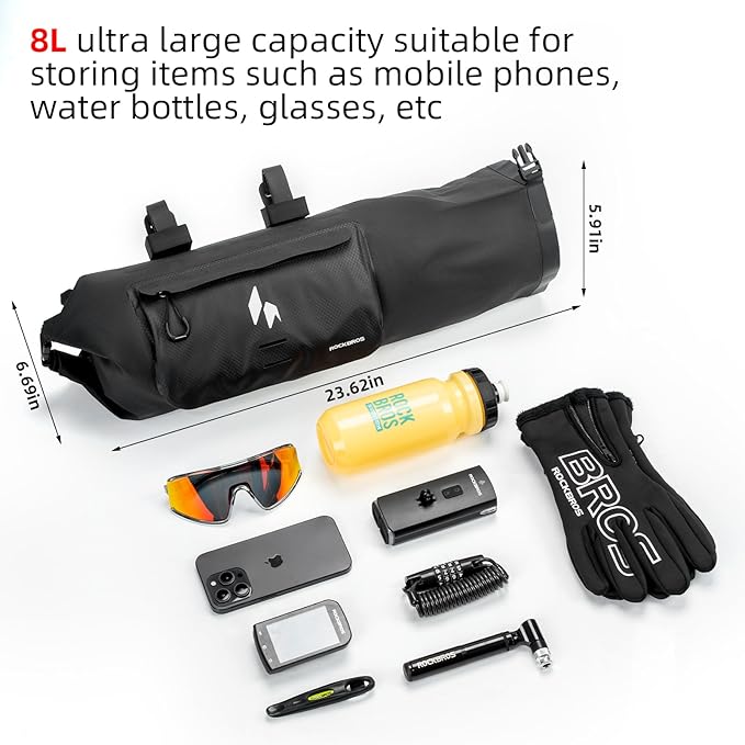 ROCKBROS Handlebar Bag Waterproof with Adjustable Capacity (Up to 8L)-Front Storage Pouch Bag with Waterproof Zipper Anti-Displacement Double-Side Open Compatible for Road Mountain Bike Cycling Travel