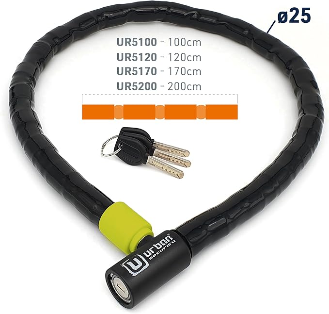 Urban UR5120 Phyton Cable Lock, Reinforced Steel Cable with Very Flexible Articulated Shielding, High Security Lock, Anti Theft Armored Cable for Motorcycle, Electric Bicycle, Scooter, 120cm/3,9ft