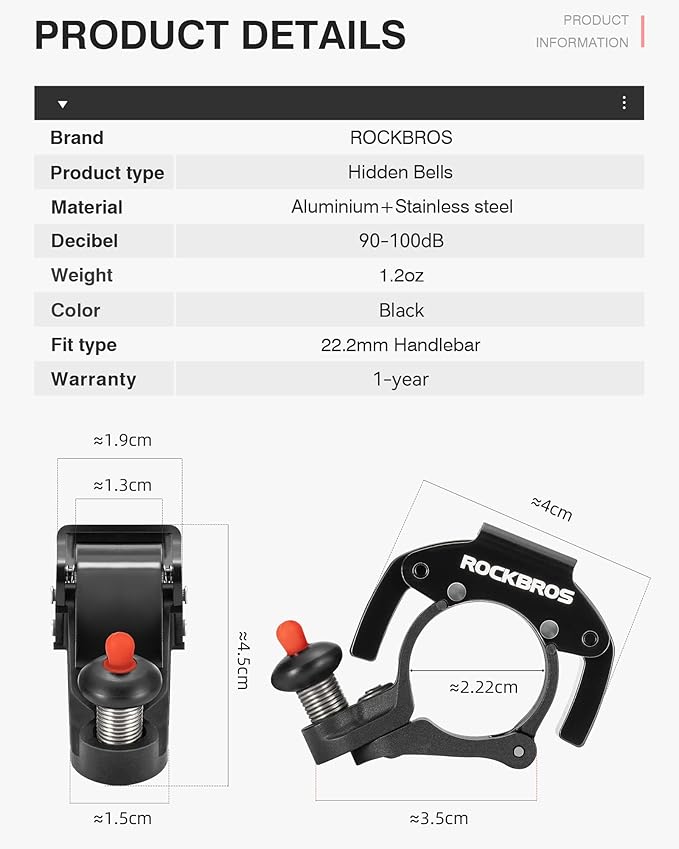 ROCKBROS Bike Bells Hidden MTB Bells Bicycle Bells for 22.2mm Handlebars, More Than 100dB, Clear & Long Sound Ringer, Mountain Bike, Scooter, Youth Bike