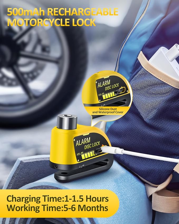 ONVIAN Rechargeable Motorcycle Lock with 120db Alarm and 6FT Steel Reminder Cable, for 7mm Pin Motorcycles Bicycles Ebike Scooter Moped(Yellow)