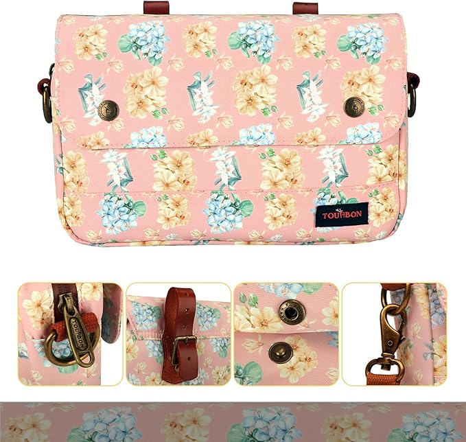 TOURBON Bike Bag Waxed Canvas Bicycle Handlebar Bag Zipper Closure Pouch Crossbar Front Frame Basket Cycling Saddebag Under Seat Strap-on Rear Rack Pannier (Pink with Flower)