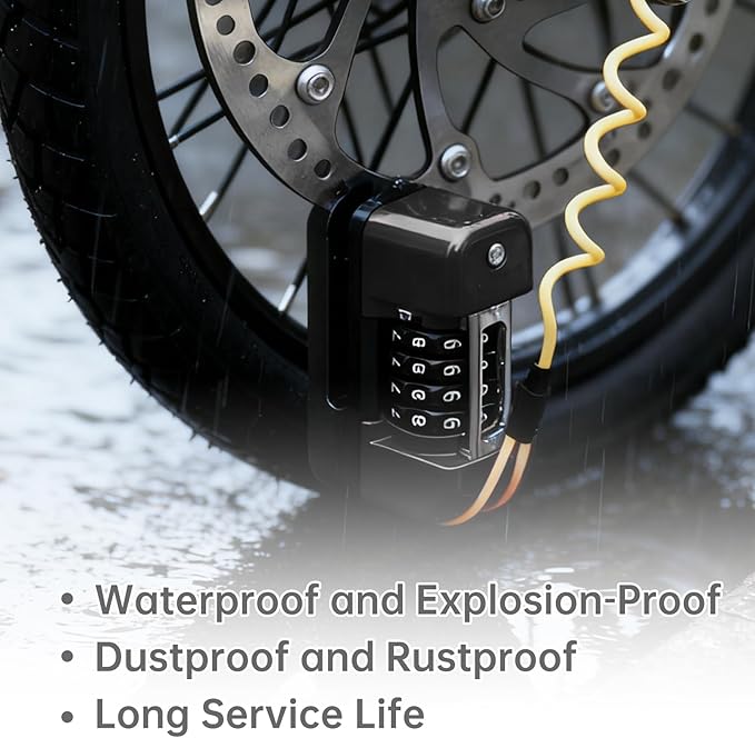 Windance Motorcycle Disc Brake Lock with Reminder Cable, Anti Theft Combination Wheel Lock,Waterproof Aluminum Alloy Keyless Password Security for Motorcycle Scooter Dirt Pit Bike E-Bike (Black)