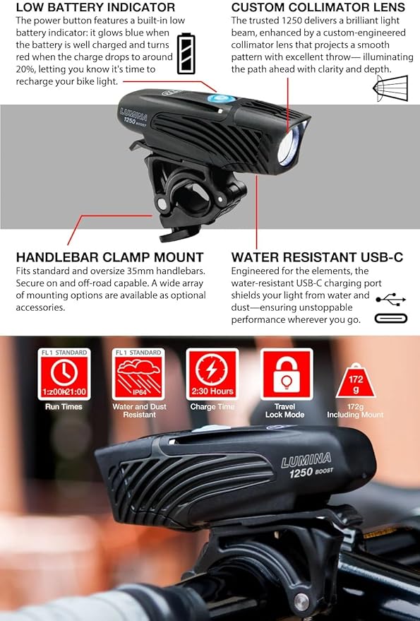 Niterider Lumina Boost 1250 + Vmax+ 180 Bike Light Combo Pack 1250 Front & 180 Rear Lumen USB-C Rechargeable LED Headlight Taillight Set IP64 Waterproof 13 Modes Bicycle Safety Commuting Night Riding