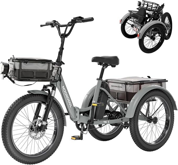 MOONCOOL Folding Electric Tricycle for Adults, 48V 500W 3 Wheels Electric Trike, Aluminum Frame 750W Electric Tricycle Adult Bicycle with Removable Battery, Front and Back Bags