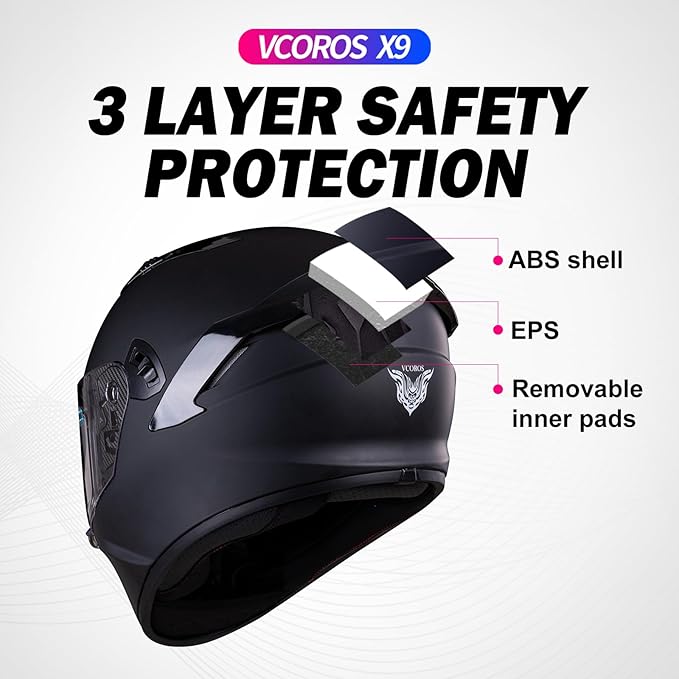 VCOROS Full Face Dual Visor Motorcycle Helmet for Adults Motorbike Street Bike Racing Helmets X9 DOT Approved with Black Visor