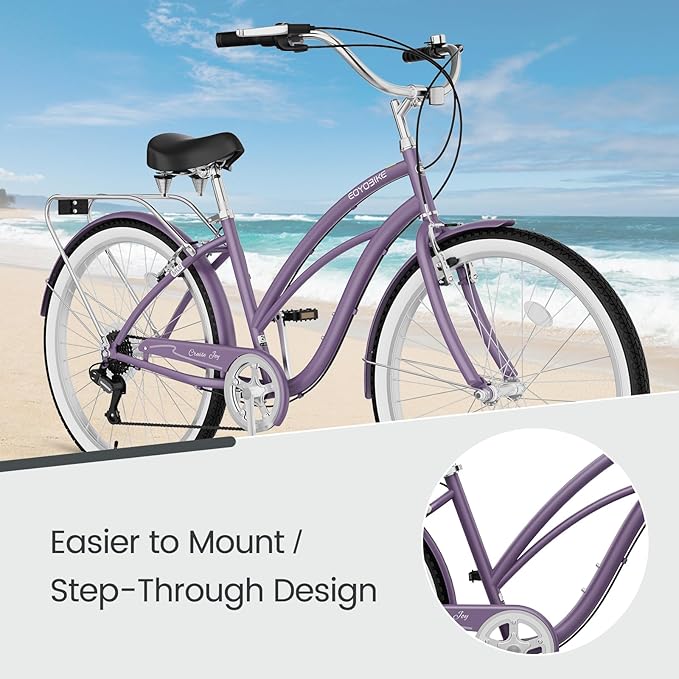 MOPHOTO 24" 26" Adult Bike 7-Speed Beach Cruiser Bike for Adults, Rear Rack, Fenders, Step-Through or Classic Frame