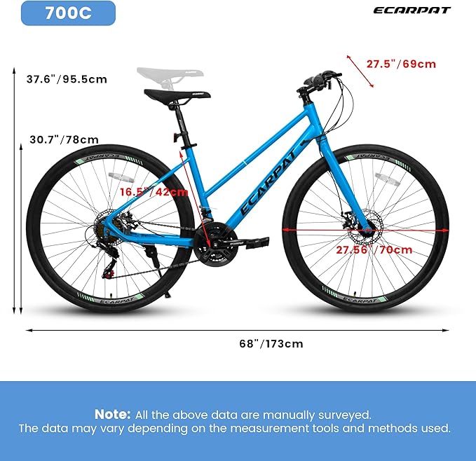 700C Road Hybrid Bike for Adult, 21-Speed Road Bicycle with Carbon Steel Frame and Dual-Disc Brakes