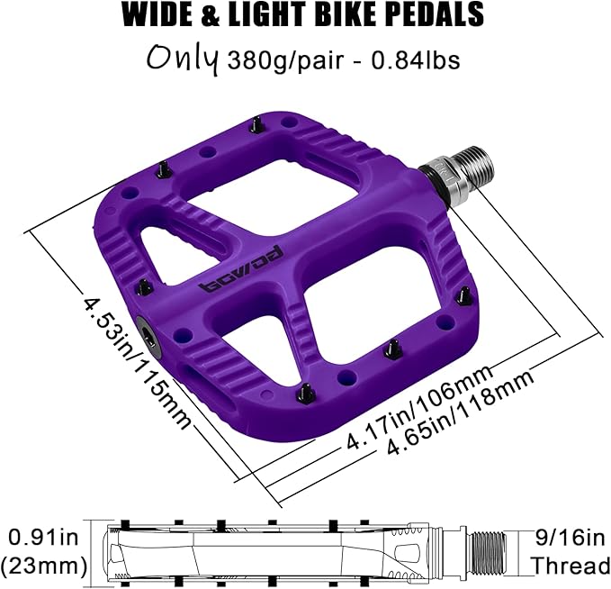 MTB Pedals Flat Mountain Bike Pedals Adult, Light and Wide Nylon Composite Bicycle Platform Pedal w Grippy Pins, 9/16" Cr-Mo Spindle 2 Bearings, Clipless Pedals for BMX Gravel Road E.Bike 9/16"