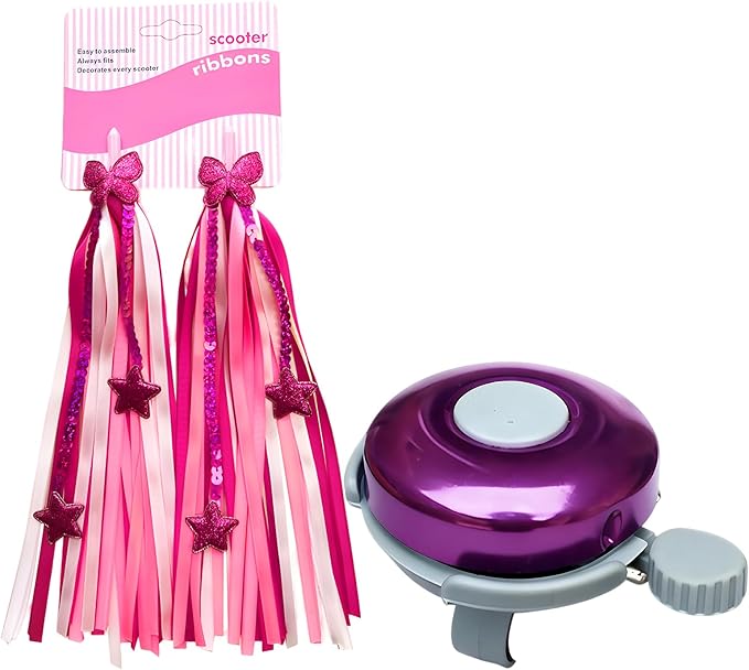 Classic Bike Bell and 1 Pair Colorful Bike Streamers Tassels, Aluminum Bicycle Bell Crisp Sound, Rainbow Tassel Ribbons for Girls Kids Adults Scooter Handlebar Bike Accessories