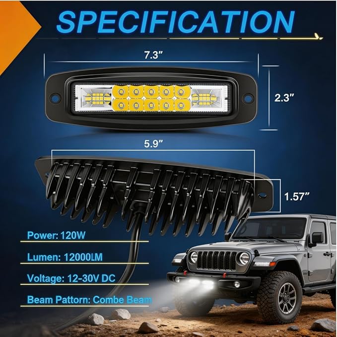 YCHOW-TECH Flush Mount LED Pods 2PCS 6inch 60W Off Road LED Pod Lights Bumper LED Work Light with DT Wiring Harness Kit Combo Beam Flush Mount Fog Lights Waterproof for Truck Pickup SUV UTV ATV