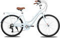HILAND 26 in Women's Hybrid Bike for Adult, 7 Speed Step Through Hi-Ten Steel Frame City Commuter Beach Cruiser Bike, Hybrid Bicycle, Multicolor