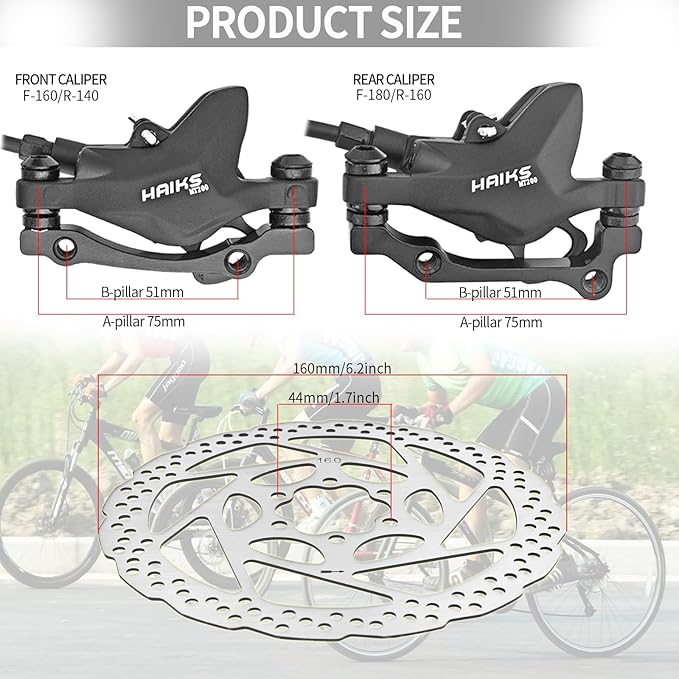 MT200 Disc Brake Set,hydraulic Disc Brake Kit with 160mm Rotors, Left Front 850mm & Right Rear 1450mm,Aluminum Alloy Dual-Piston Hydraulic Brake Kit for Mountain Bike