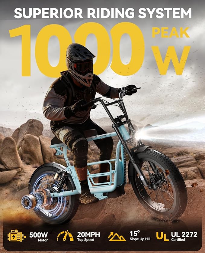 Caroma Peak 1200W/1000W/800W/500W Electric Scooter with Seat,16"/20" Fat Tire Ebike All-Terrain,Max 30Miles&20MPH Electric Scooter Adults,Electric Motorcycle Adults with Storage Basket for Cargo&Pets