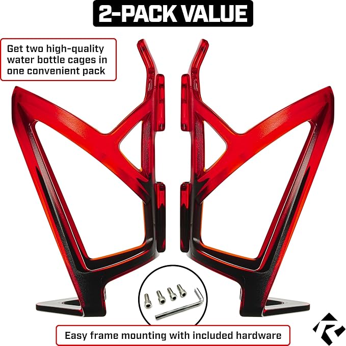 Revere Ultra-Light Bike Water Bottle Holder – Durable Bicycle Bottle Cage for Road, MTB, & Mountain Bikes – 2-Pack with Screws & Installation Tool – Premium Cycling Accessories (Red/Black)