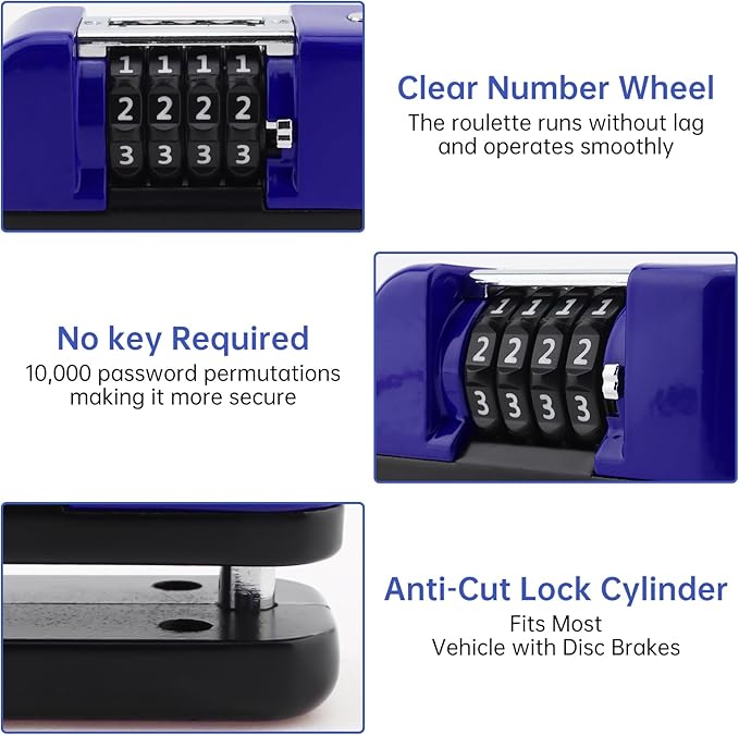 Windance Motorcycle Disc Brake Lock with Reminder Cable, Anti Theft Combination Wheel Lock,Waterproof Aluminum Alloy Keyless Password Security for Motorcycle Scooter Dirt Pit Bike E-Bike (Blue)