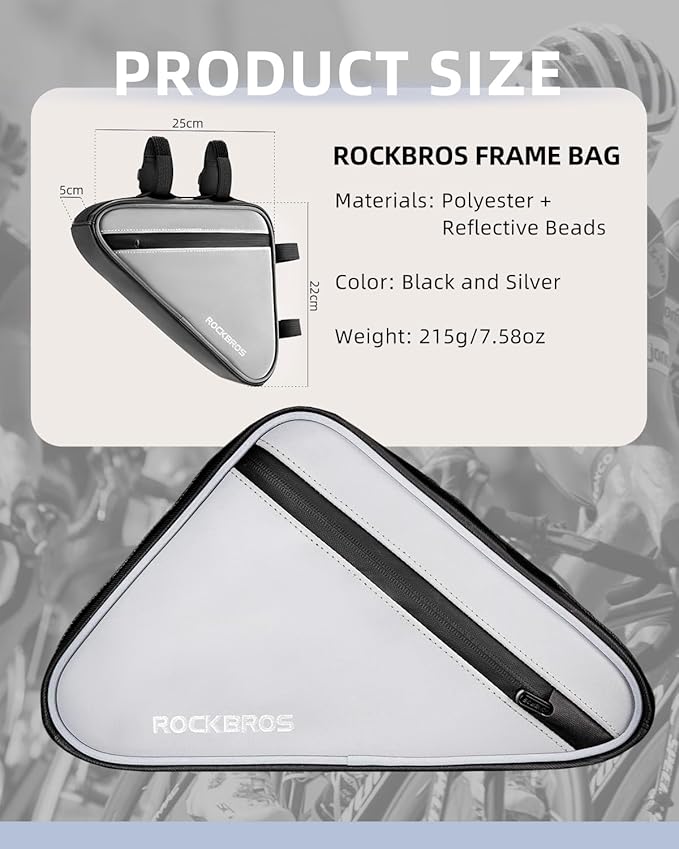 ROCKBROS Bike Frame Bag Reflective Bicycle Triangle Bag with Two Side Pockets Strap-On Under Top Tube Storage Pouch Bike Accessories for Adult (0.9L)