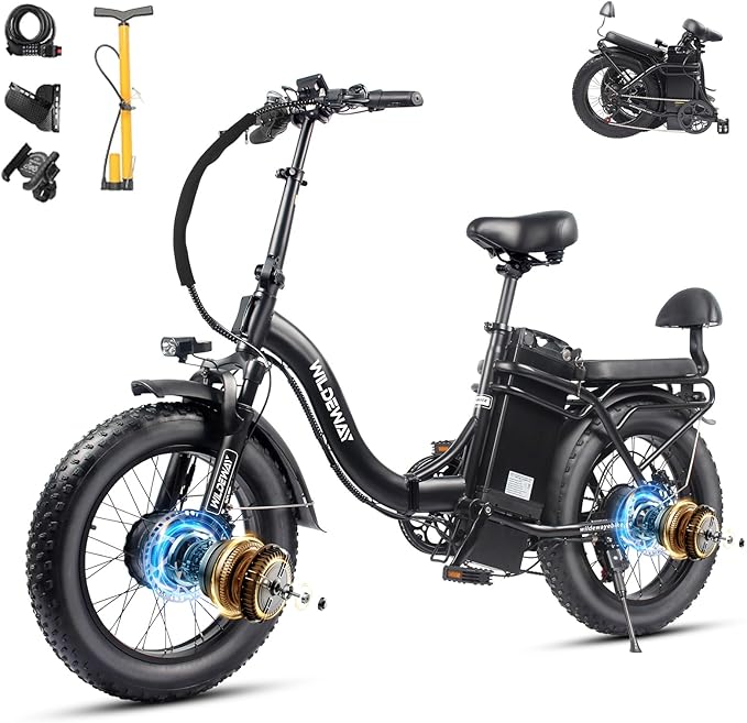 Wildeway Folding Electric Bike for Adults,2000W Dual Motor Ebike 20x4.0 Fat Tire All-Terrain 28MPH,48V 32Ah Removable Battery,7-Speed,Dual Hydraulic Disc Brake,City Commuting Delivery Bicycle