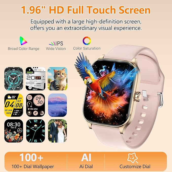 Smart Watch for Women Men with Text and Call, Smartwatches with Heart Rate/SpO2/Sleep/Stress Monitor, 100+ Sports Modes, Fitness Watches Compatible with iOS/Android (Pink, 1.96")