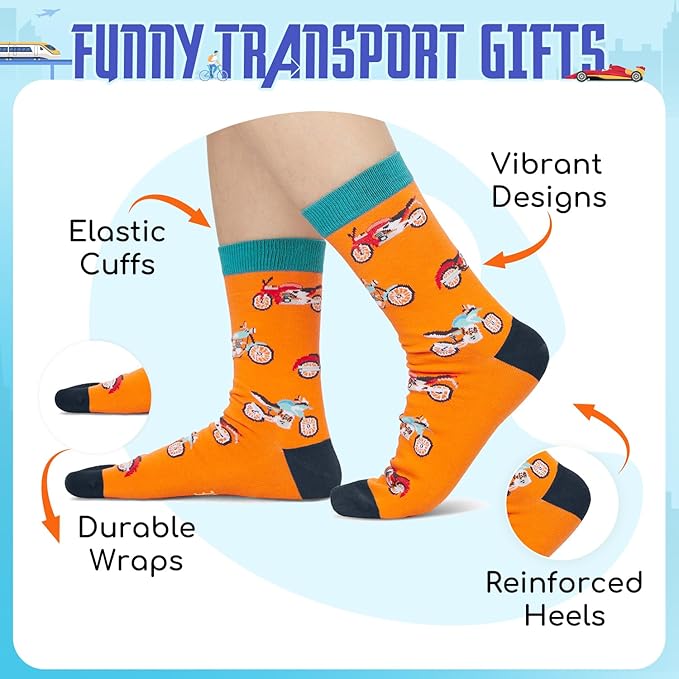 Zmart Transportation Gifts for Adult - Train Race Car Truck Bicycle Motorcycle Socks for Men