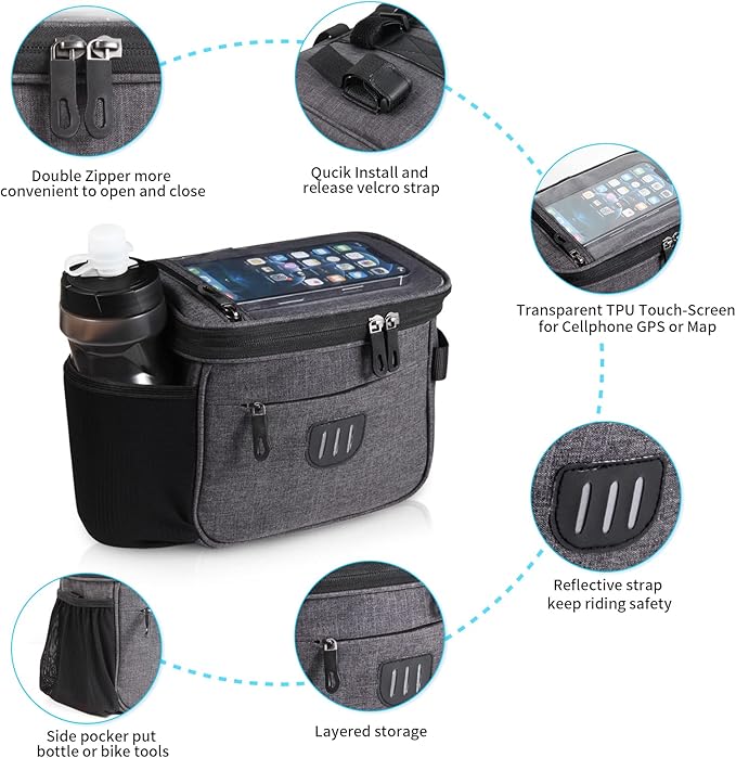 Bike Handlebar Bag,Large Bicycle Front Storage Pouch Bag,6.5 inch Transparent Pouch with Shoulder Strap