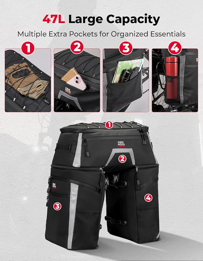 KEMIMOTO Bicycle Panniers Combo 4-in-1, Bike Saddle Cooler Bag with Waterproof Rain Cover, 47L Removable Insulated Cycling Rear Luggage for Warm or Cold Items for Traveling Camping Shopping Commuting