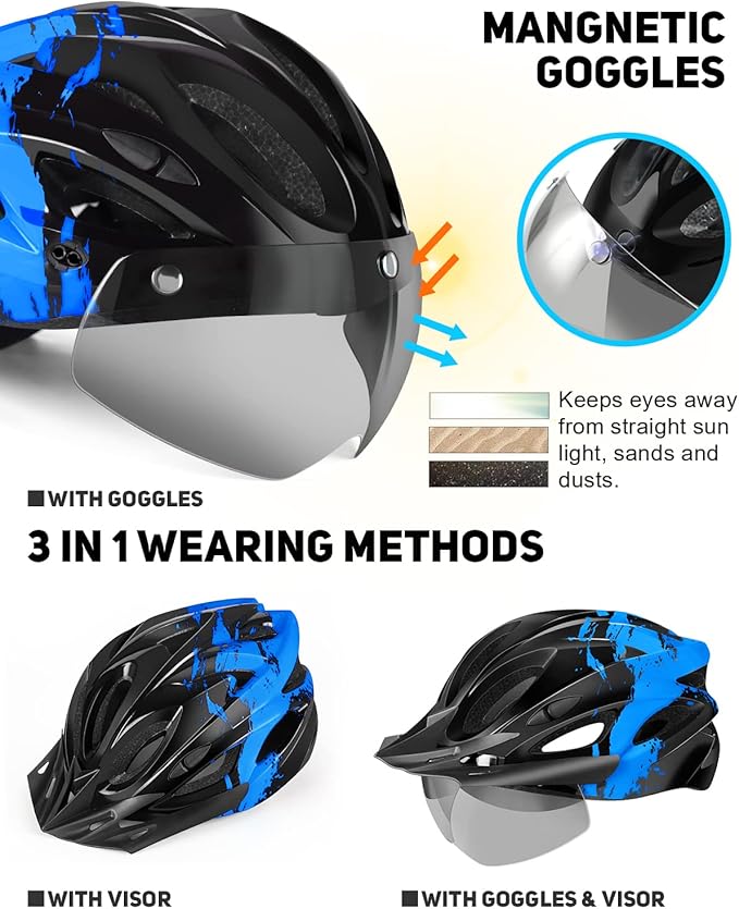 Bike Helmet with USB Rechargeable LED Light Detachable Goggles and Sun Visor, Mountain & Road Bicycle Helmets for Men Women Adult Cycling Helmets