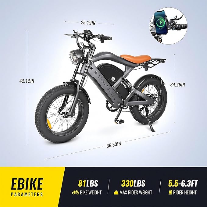 SMARTRAVEL Electric Bike 20"*4.0 Fat Tire for Adults | GPS and APP Control Ebike, 1200W Brushless Motor, 48V/20Ah, Removable, UL&GCC Certification Battery, 60Miles Range | 48V/20Ah, Removable, 30MPH