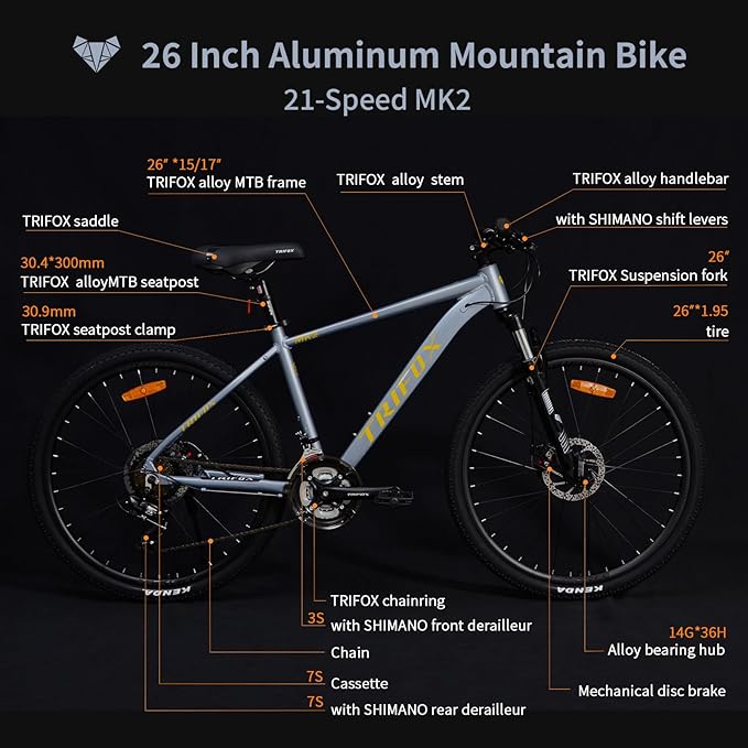 TRIFOX 26 Inch Aluminum Mountain Bike with Shimano 21-Speed,Aircraft-Grade Aluminum Frame,Dual Disc Brakes,15/17 Inch Internal Cable Routing Frame for Men Women Boys Girls