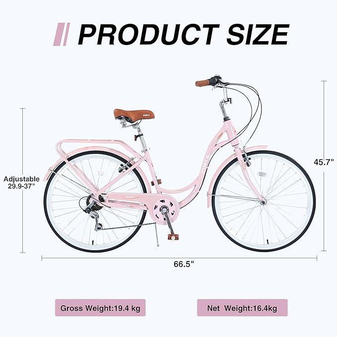 Commuter Bicycle, 26 Inch Ladies Bicycle for Adult, 7-Speed/High-Carbon Steel/Front & Rear Fenders, Ergonomic Upright Design Multiple Colors