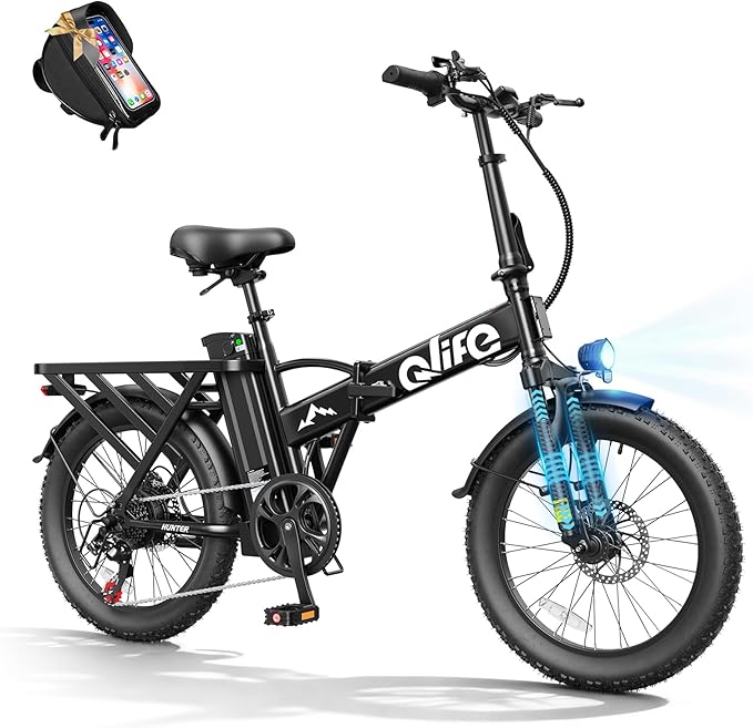 Qlife Hunter Foldable Electric Bike for Adults, Peak 1200W Ebike with 48V 13.5Ah Battery, 65-Mile Range, Heavy-Duty Rear Rack, 20-Inch Fat Tires, Folding E Bike for Commuting & Outdoor Use