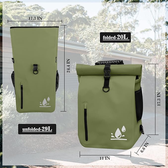 YEEGO DIRECT Bike Panniers, 29L Large Capacity Waterproof bike bags, Bike Rack Bag Bike Saddle Bags For Rear Rack Bicycles Commuter Backpack - Green (1 PCS)