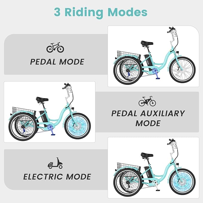 Electric Tricycle for Adults Seniors, 24/26 Inch 3 Wheel E-Trike, 350W Motor (700W Peak), Removable 36V Battery, Up to 15.5MPH, 25-60Mile Range, Low Step-Through, Rear Basket, 350lbs Capacity, 7 Speed