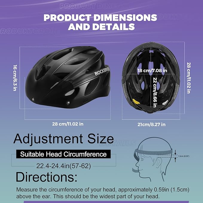 ROCKBROS Bike Helmet for Adult Men Women with Suggested Fit 58-65cm, Detachable Magnetic Goggles & Sun Visor, Lightweight with Adjustable Side and Chin Strap, Suitable for Myopia Glasses