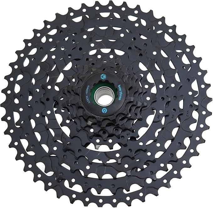 Box Three Prime 9 Non E-Bike & E-Bike Cassette 11-46T, 11-50T, 12-46T & 12-50T Fits Standard HG Hubs 9/10/11 Speed Cassette Mountain Bike, Compatible Lightweight Bicycle MTB Bike Cassette