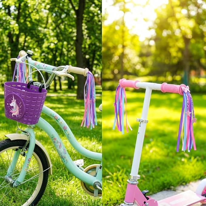 Kids Bike Bell with Streamers, Purple and Green, Unicorn and Dinosaur Theme, Bicycle Accessories