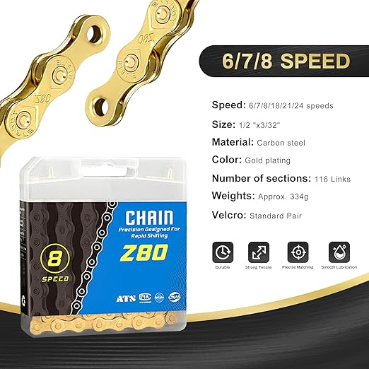 Bike Chain, 6 7 8 Speed Bike Chain 1/2" x 3/32" 116 Links Bicycle Chain for Road Mountain Folding Racing Cycling Bikes (Gold)