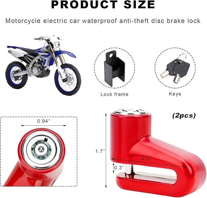 2 PCS Motorcycle Disc Brake Lock, Anti-Theft Security Wheel Disc Brake Lock with Keys, Universal Safety Disc Lock for Bikes Scooters Motorcycles, Motorcycle Accessories(Red)