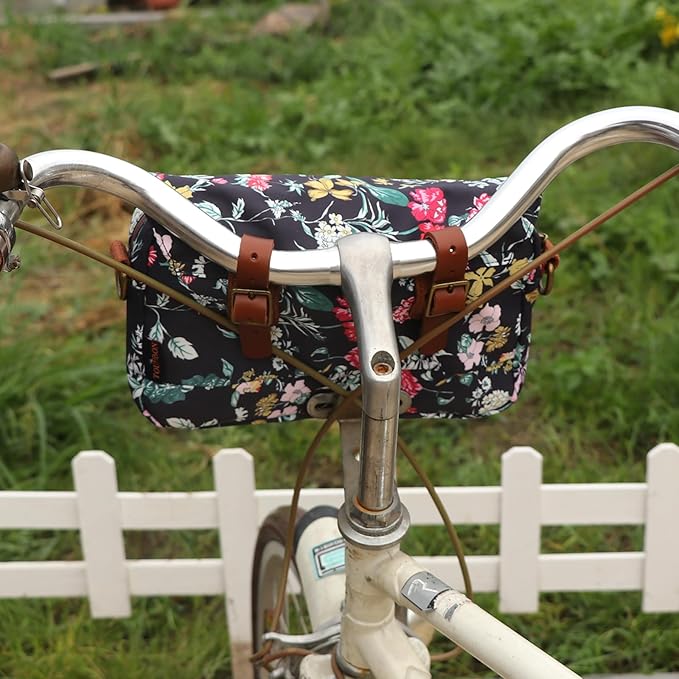 TOURBON Bike Bag Waxed Canvas Bicycle Handlebar Bag Zipper Closure Pouch Crossbar Front Frame Basket Cycling Saddebag Under Seat Strap-on Rear Rack Pannier (Black with Flower (type 2))