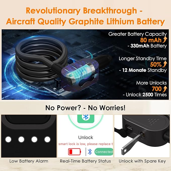 Eseesmart Fingerprint Bike Lock with Keys, 4.92 Feet Cablelock Electric Scooter Lock Heavy Duty Anti Theft Waterproof with Mounting Bracket, Bike Accessories for Bicycle, Electric Scooter, Motorcycle