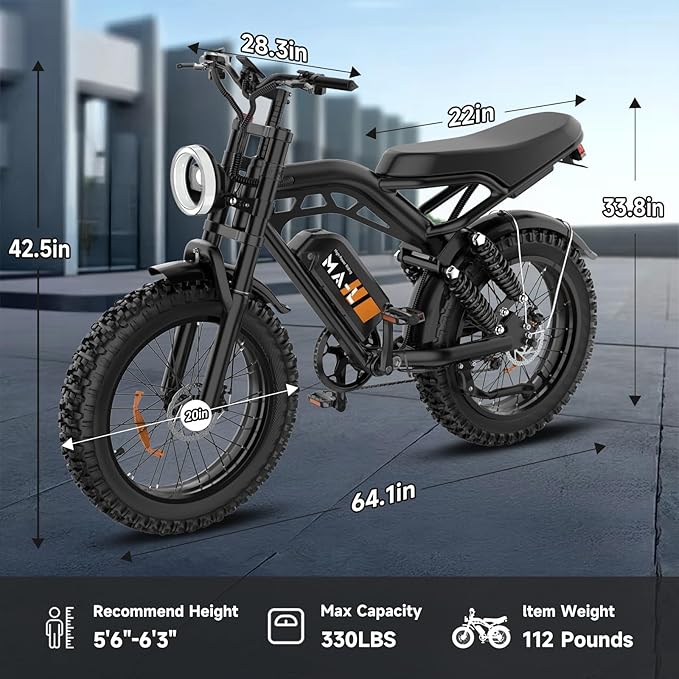 Electric Bike for Adults, 1500W-3000W Peak Ebike with Full Suspension, 20" x 4.0 Fat Tire Retro Scrambler Moped Style, 48V/52V Long Range All-Terrain Electric Bicycle, UL 2849 Certified