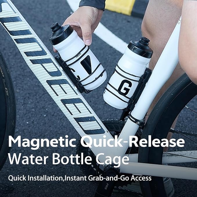 Rcool Universal Magnetic Cycling Bike Bottle Cage, Sturdy Bike Cup Holder Rack, Bicycle Drink Cage, Secure No-Fall Buckle,with Straps and Screw Tool, Black,for 2.25-3.94" Bottles