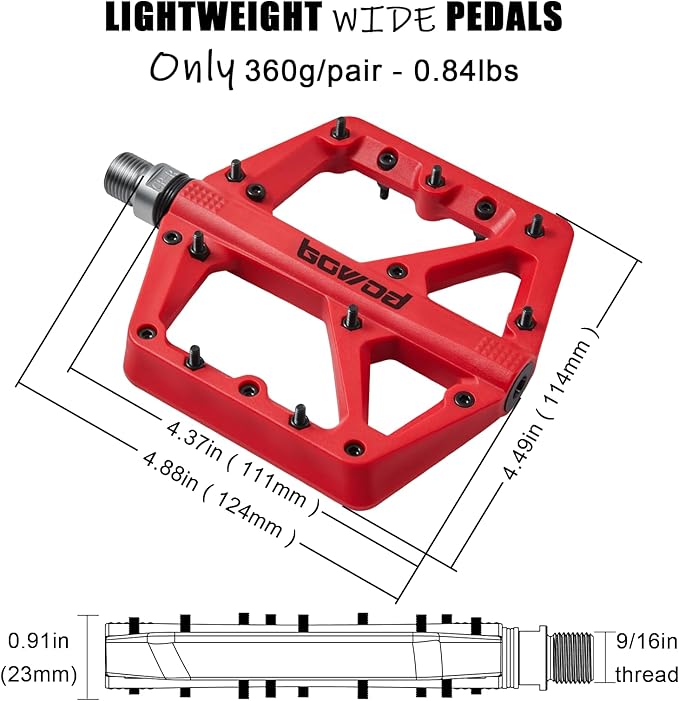 MTB Pedals Large Mountain Bike Pedals, Lightweight Nylon Fiber Composite Bicycle Platform Pedals, Grippy Pedals w 18 Pins, Cr-Mo Spindle fit w 2 Bearings, Clipless Pedals for BMX MTB Bike 9/16"