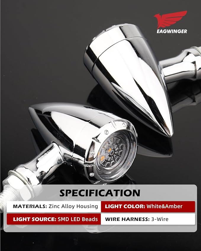 Bullet Style Motorcycle LED Turn Signals, Front Driving Light & Amber Indicator, Zinc Alloy Housing, M10 Mount Universal Fit for Cruiser Bobber Chopper Cafe Racer (Chrome-Front)