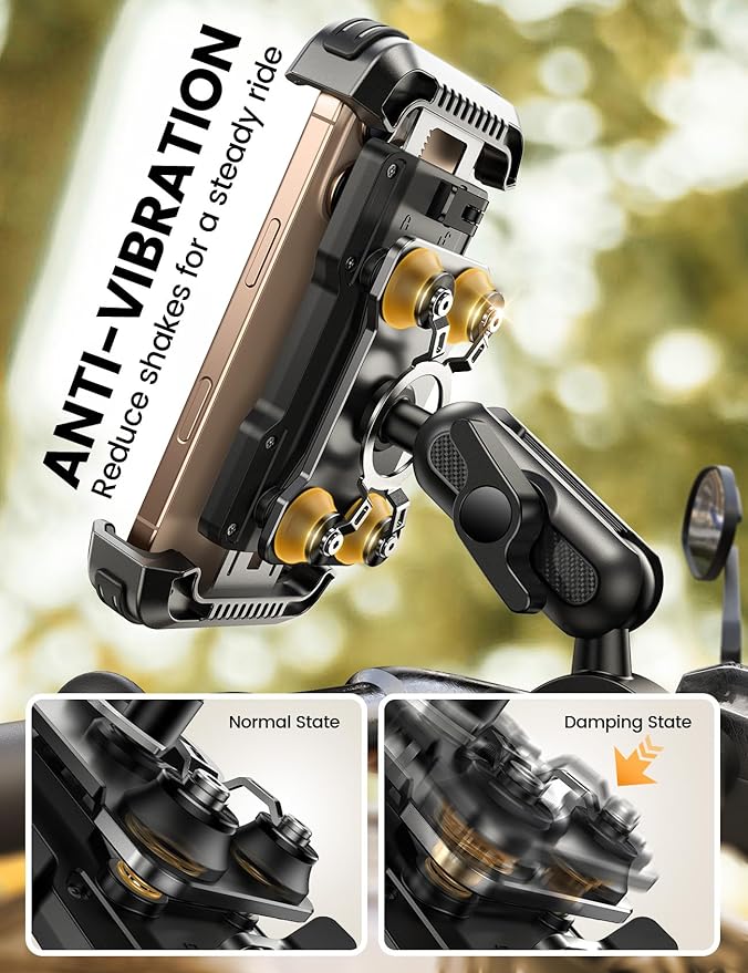 Lamicall Motorcycle Phone Mount Holder - [Metal Extension Arm] [Dual Vibration Dampener] Bike Cell Phone Mount, Bicycle Handlebar Phone Clamp, Gifts for iPhone 16 15 14 Pro Max, 4.7-6.7" Phones
