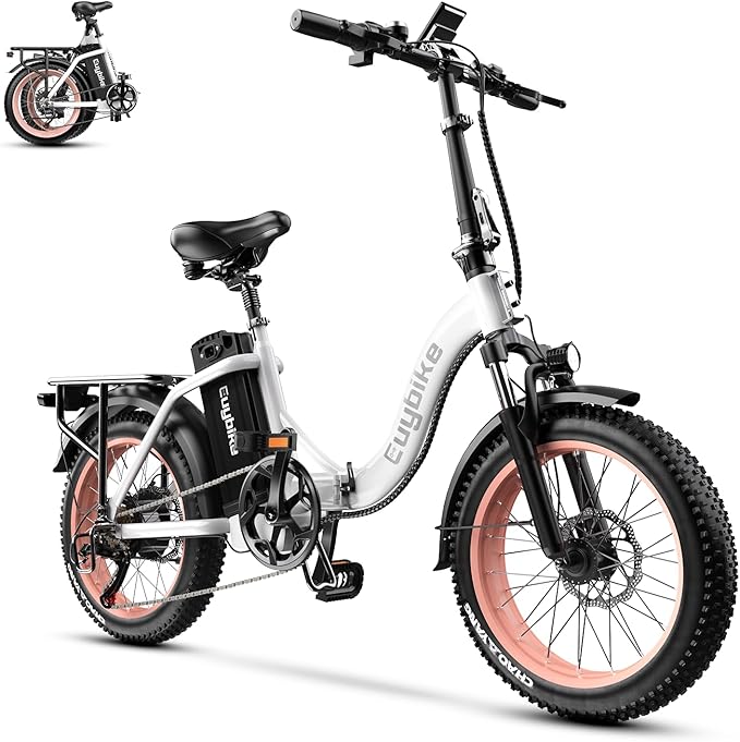 EUYBIKE Folding Electric Bike for Adults, 48V 20AH Battery up to 30MPH 80 Miles, 20" Fat Tire All Terrain 1000W Peak Motor Ebike, Front Suspension City Commuter Step-Thru E Bike White, UL Certified