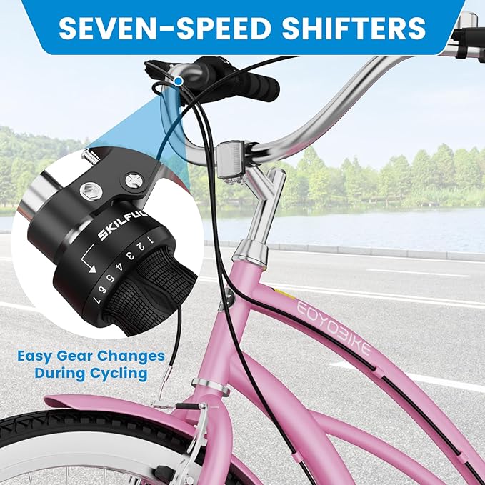 MOPHOTO 24" 26" Adult Bike 7-Speed Beach Cruiser Bike for Adults, Rear Rack, Fenders, Step-Through or Classic Frame