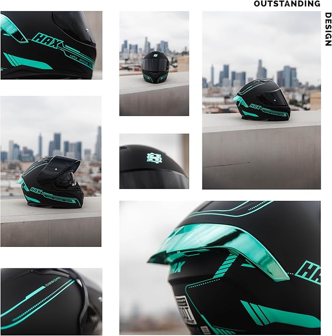 HAX Obsidian Full Face Dual Visor Adult Motorcycle Helmet for Motorbike Street Bike with Pinlock Ready DOT Approved Matte Black Aqua M