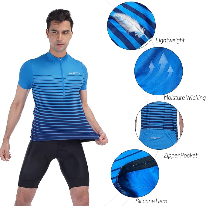 Spotti Men's Cycling Bike Jersey Short Sleeve with 3 Rear Pockets- Moisture Wicking, Breathable, Quick Dry Biking Shirt