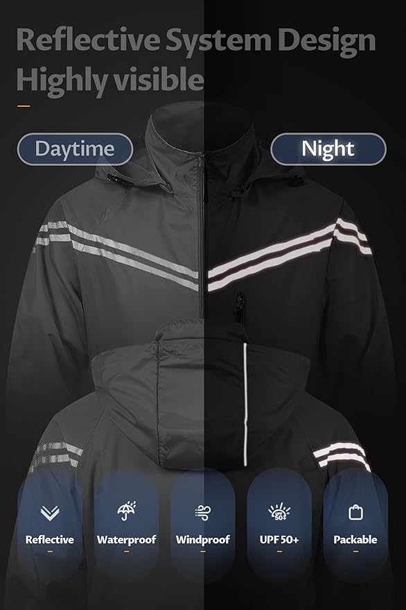 CREATMO US Men's Packable Waterproof Running Rain Coats Reflective Cycling Jacket Windbreaker With Removable Hood